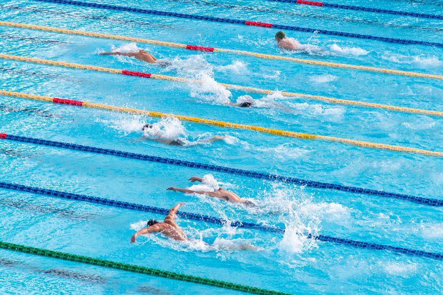 Piscina olímpica en Ibiza con nadadores en varias pistas entrenando